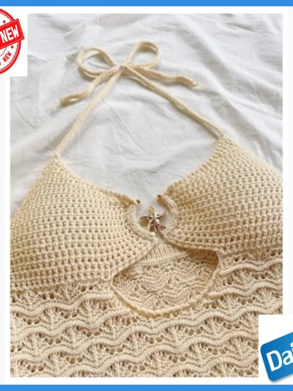 Crochet Backless Halter Crop Top and Bodycon Mini Skirt Set Size Small